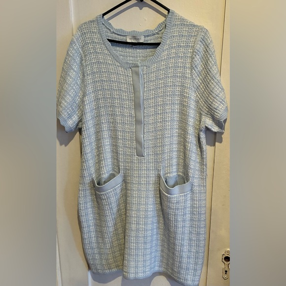 Free Assembly Women's Tweed Plaid Knit Scallop Button down Mini Sweater Dress - Picture 3 of 6